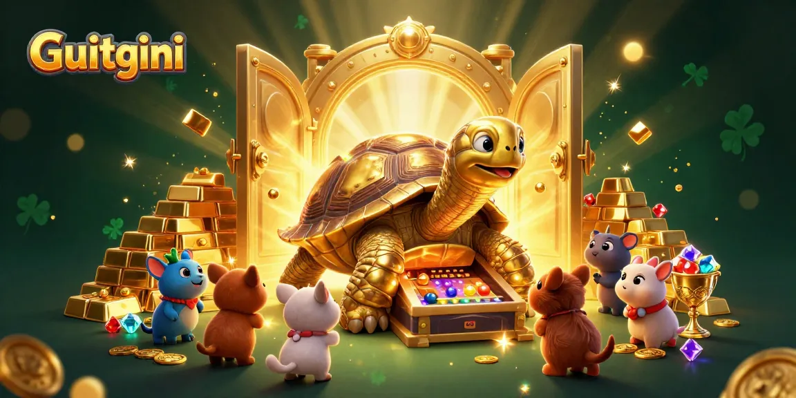 Play exciting games on Guitgini's vibrant platform featuring a treasure-themed scene with animated characters.
