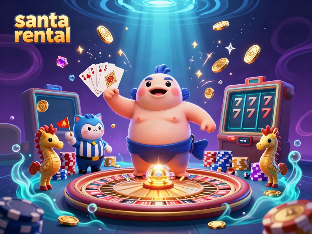 Exciting scene with Santa rental characters in a vibrant underwater casino atmosphere, showcasing festive elements.