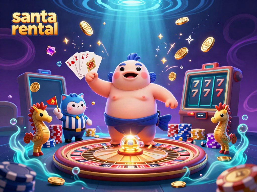 Exciting scene with Santa rental characters in a vibrant underwater casino atmosphere, showcasing festive elements.