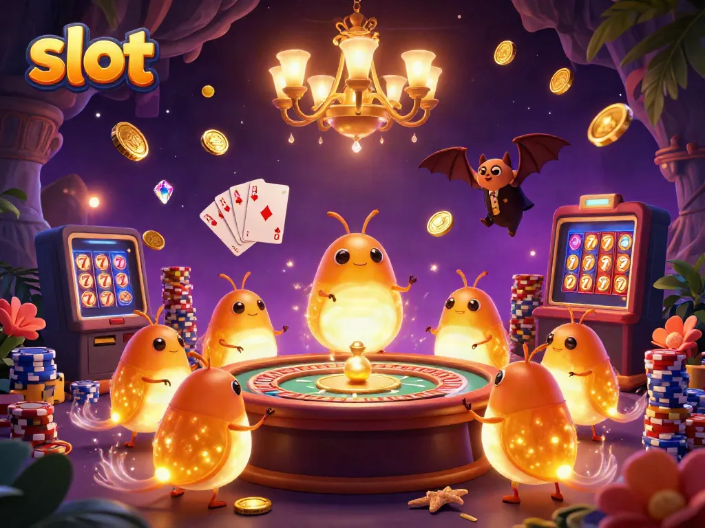 Experience thrilling slots action in a vibrant cave casino illuminated by glowworms.