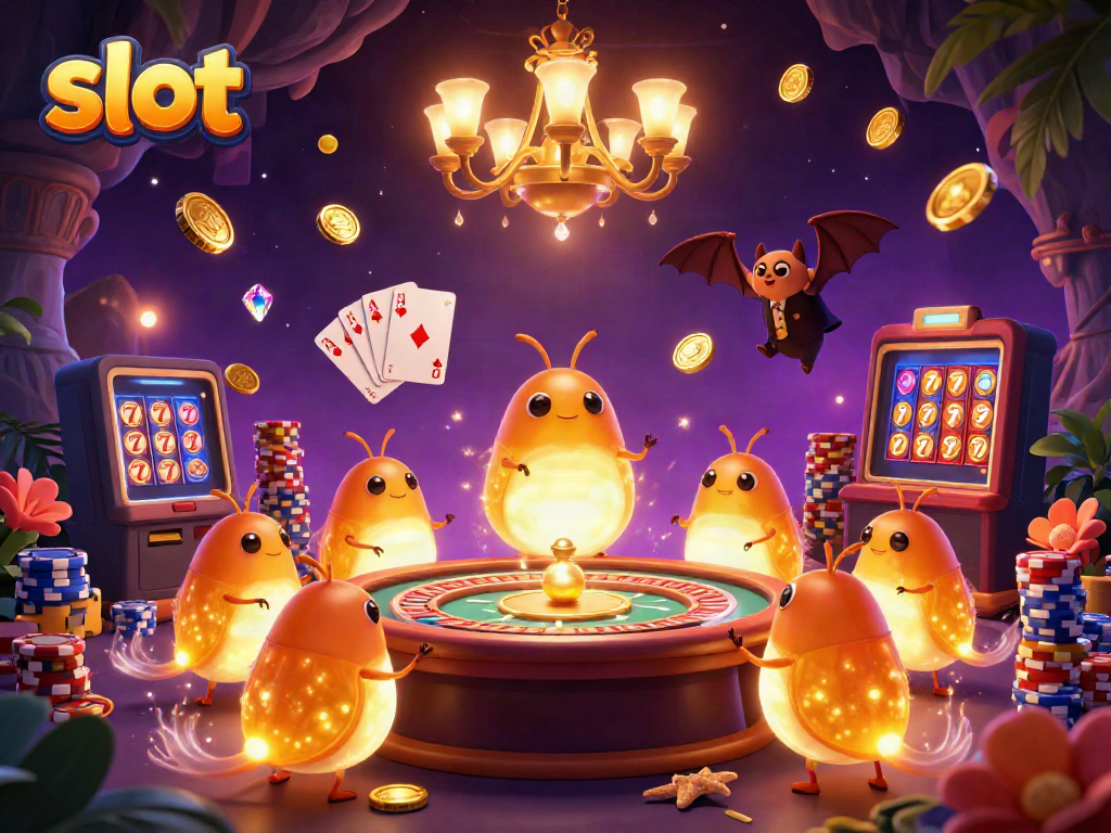Experience thrilling slots action in a vibrant cave casino illuminated by glowworms.
