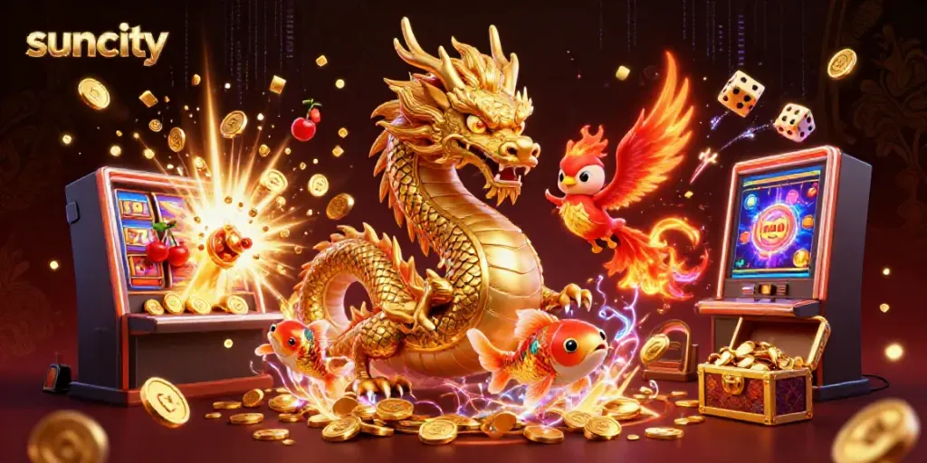 Experience thrilling wins at suncity casino with a vibrant 3D scene of dragons and jackpots.