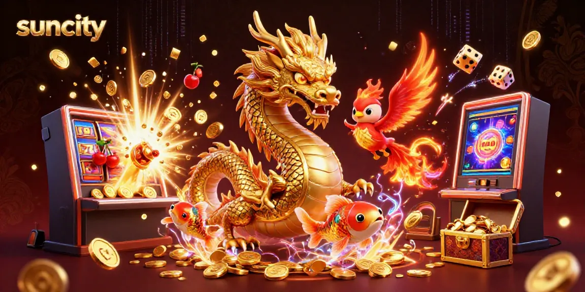 Experience thrilling wins at suncity casino with a vibrant 3D scene of dragons and jackpots.