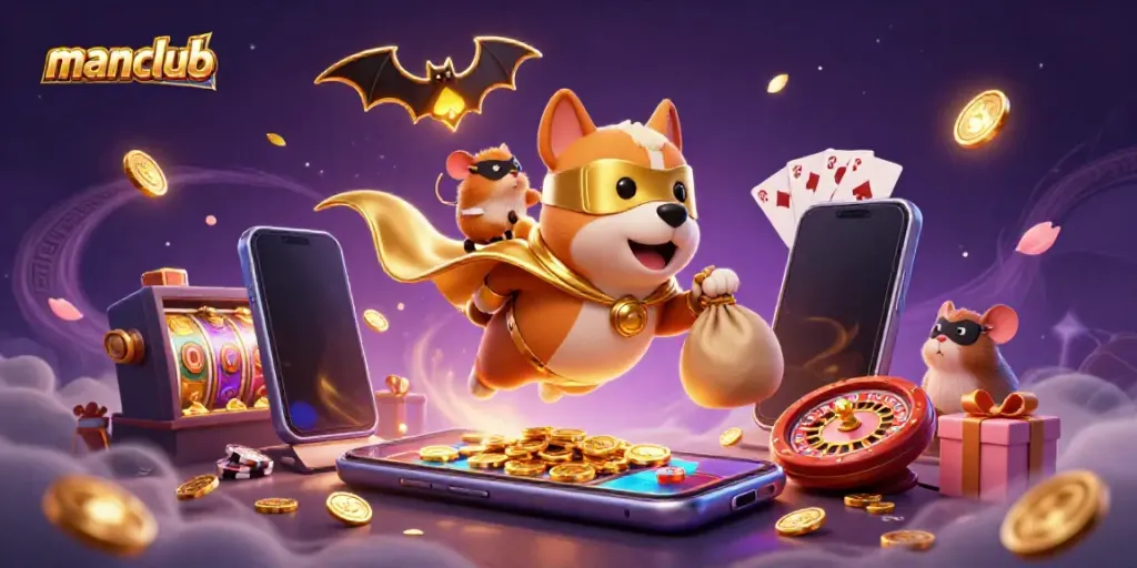 manclub casino superhero dog and hamster celebrate big wins with colorful slot games and gold coins