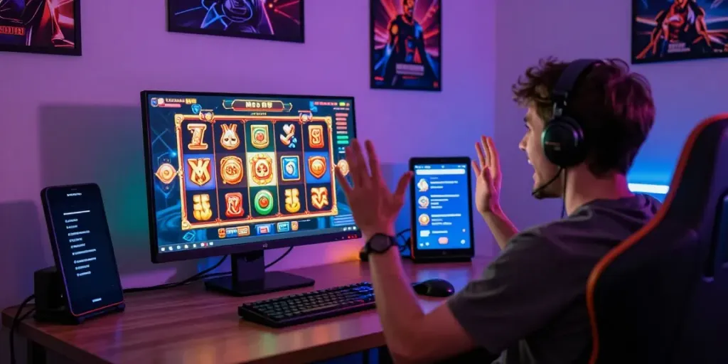 Player celebrating a win on a slot gacor online gaming platform with vibrant graphics.