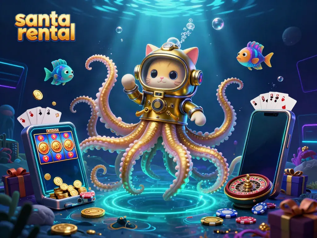 Engage with the magical world of santa rental through this colorful and festive casino-themed illustration.