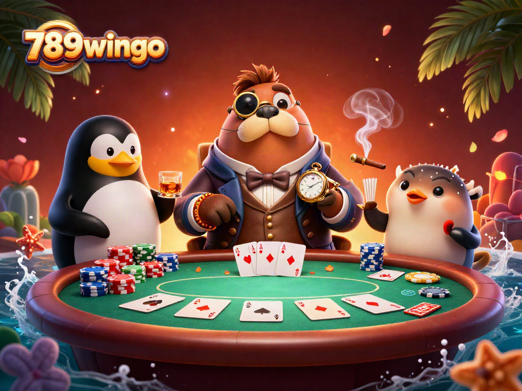 Experience thrilling poker action at 789wingo with cartoon walrus and dealer characters illustrated.