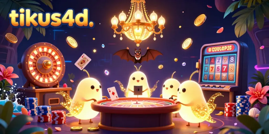 Engaging tikus4d scene with glowworms illuminating a casino filled with golden coins, colorful chips, and vibrant game elements.