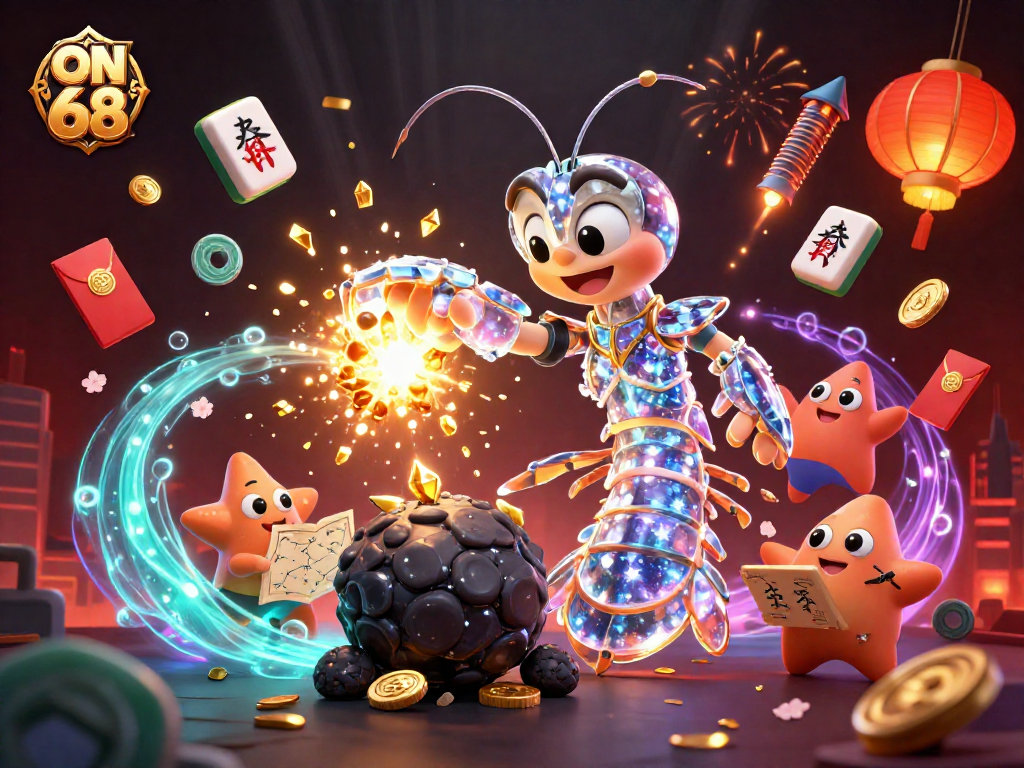 Engage in thrilling gaming at ON 68 with the galactic visual of a mantis shrimp amidst golden treasures.
