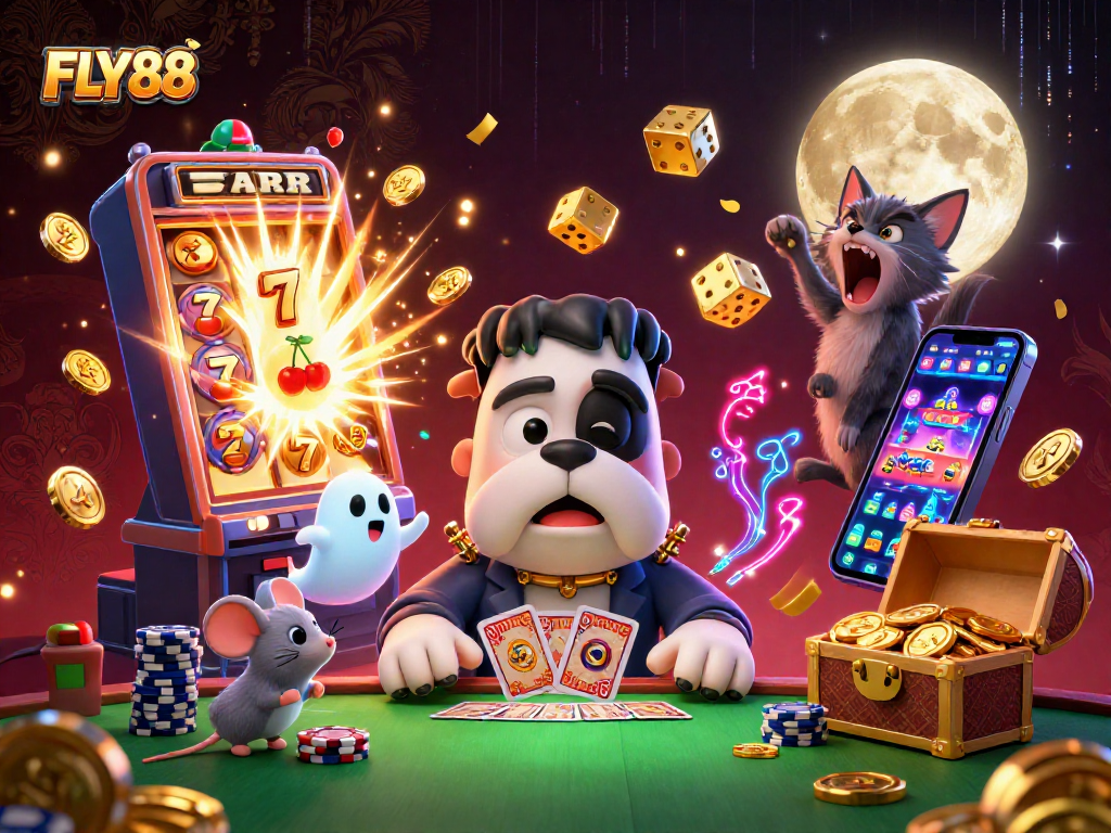 FLY88 offers thrilling gaming with a Frankenstein bulldog dealer and exciting casino elements.