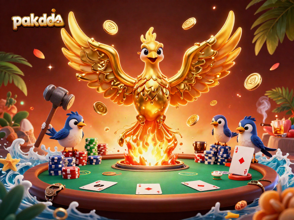 Experience the dynamic world of pakde4d with a molten golden phoenix surrounded by poker elements.