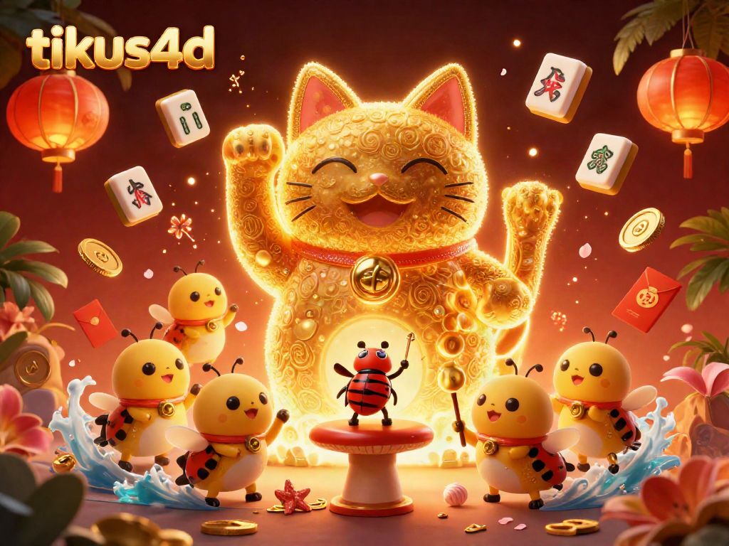 Permainan tikus4d dengan mahjong dan karakter kucing keberuntungan yang bersinar.