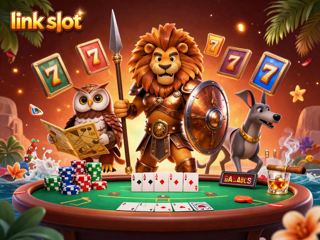 Experience the thrill with link slot in this vibrant 3D illustration featuring classic casino elements.