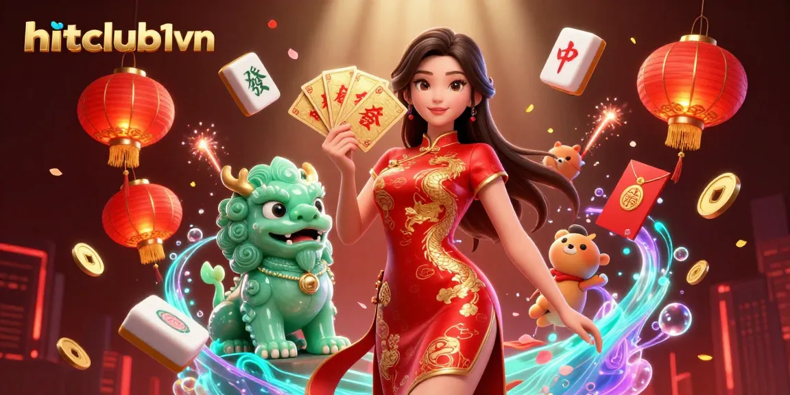 Join exciting games at hitclub1vn with a vibrant scene featuring a woman in a qipao holding golden cards.