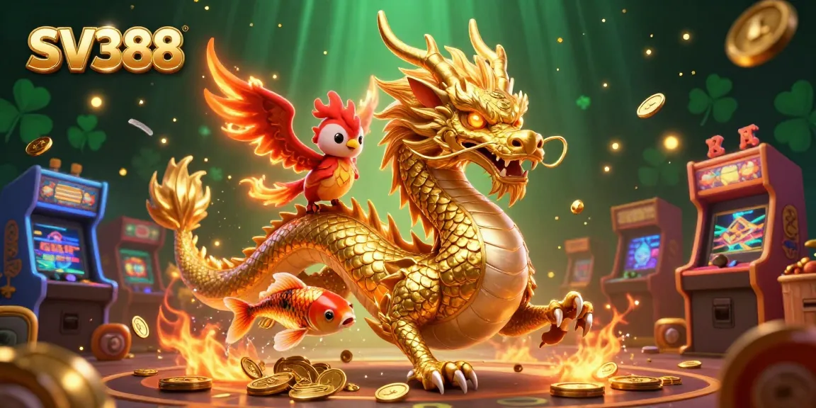 Engage in thrilling live cockfighting with SV388, featuring a fierce dragon and lucky koi fish amidst dynamic game elements.