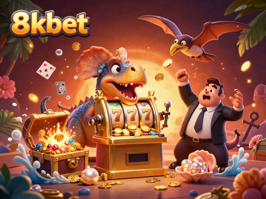 8kbet jackpots as a pachycephalosaurus interacts with a slot machine amidst tropical casino elements.