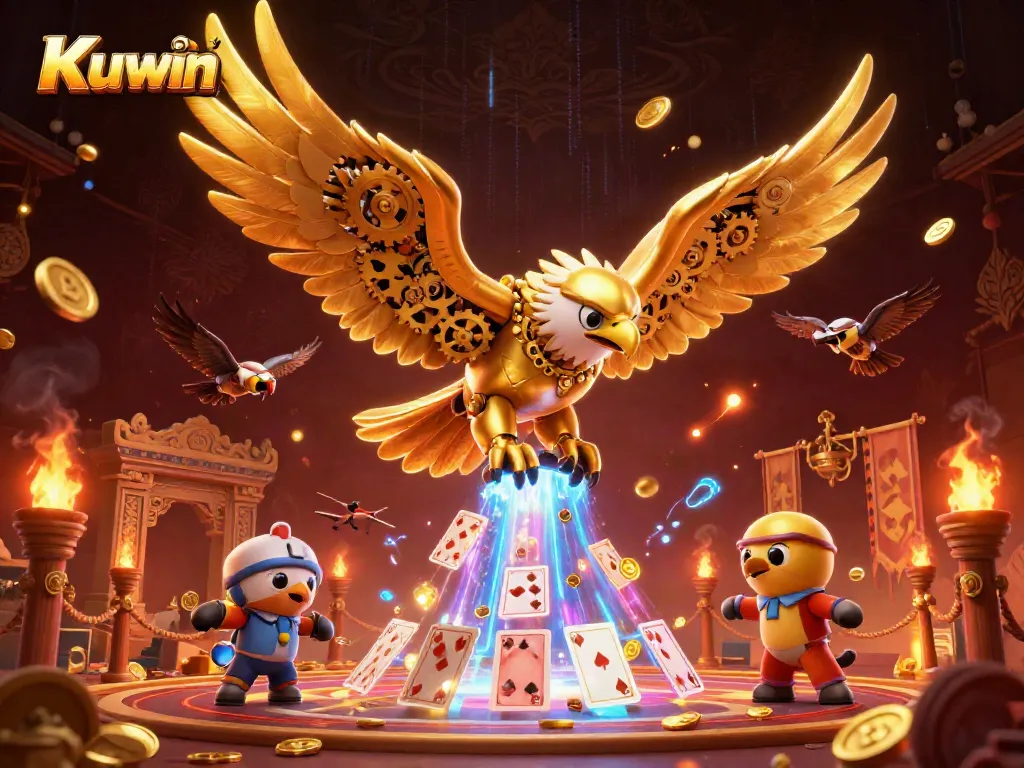 Experience the thrill of Kuwin as a golden eagle soars through holographic cards amidst a vibrant casino scene.