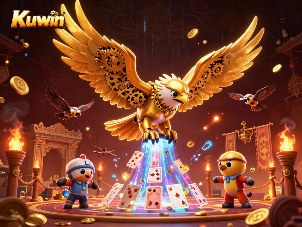 Experience the thrill of Kuwin as a golden eagle soars through holographic cards amidst a vibrant casino scene.