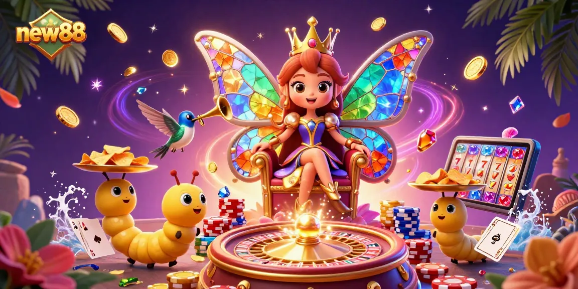 Experience the thrill of new88 with a vibrant 3D casino scene featuring a butterfly queen and dynamic game elements.