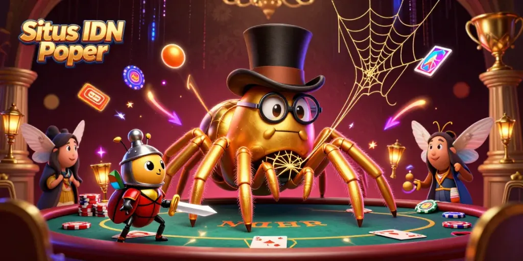 Situs IDN Poker: Experience a thrilling poker game with vibrant characters and dynamic casino elements.
