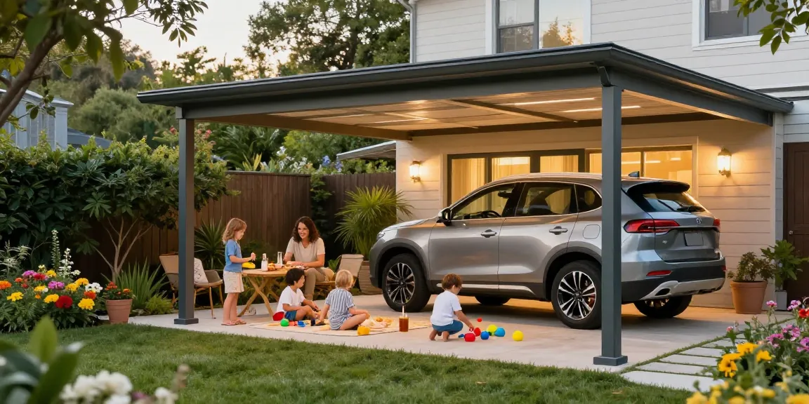 Moderne Carport im Garten mit Familie und Kindern, sonnige Atmosphäre