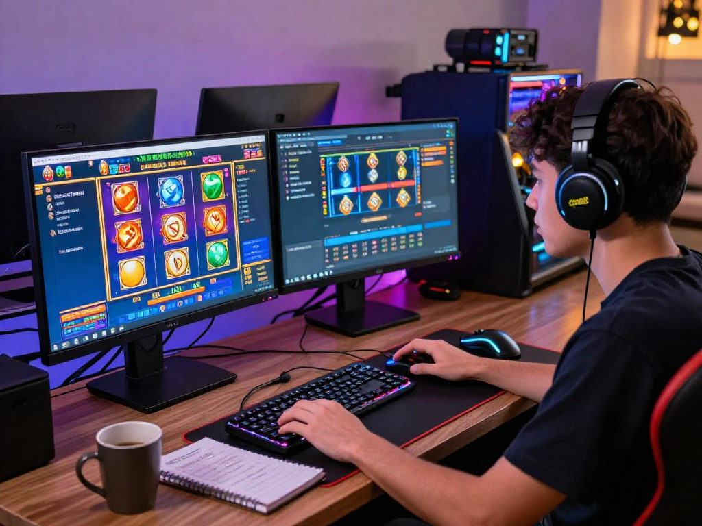 Player enjoying dewa slot88 gaming experience at a modern desktop setup with vibrant visuals and cozy atmosphere.