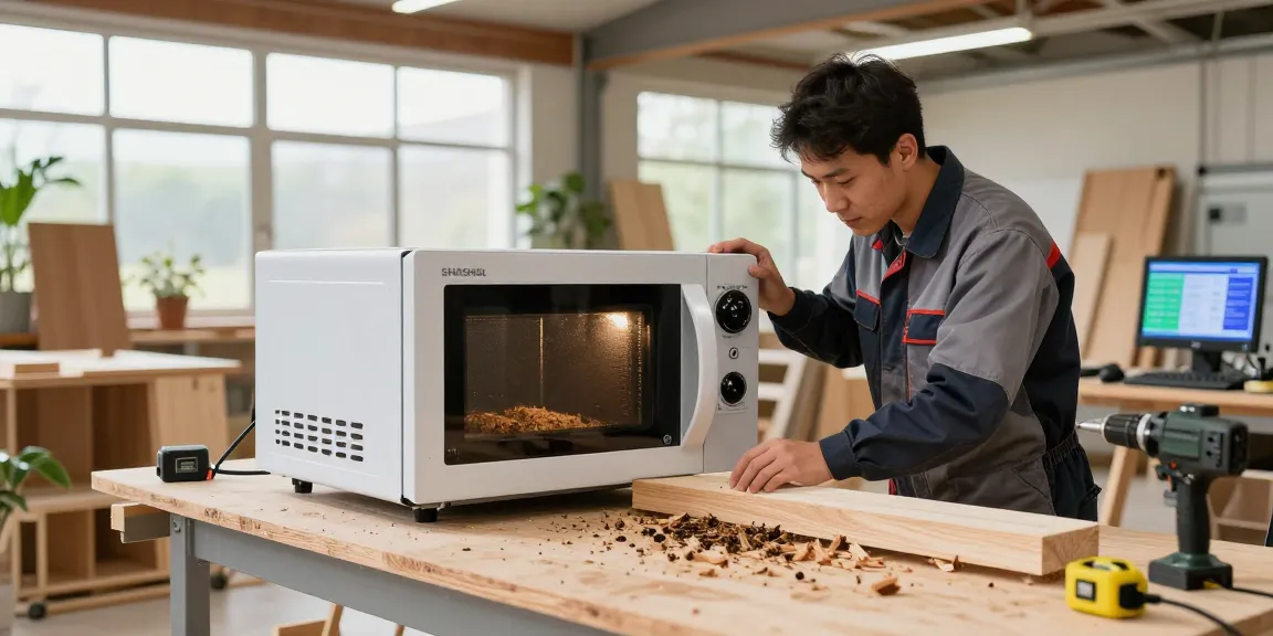 Shashel microwave equipment effectively treating wood for pest elimination in a vibrant workshop.