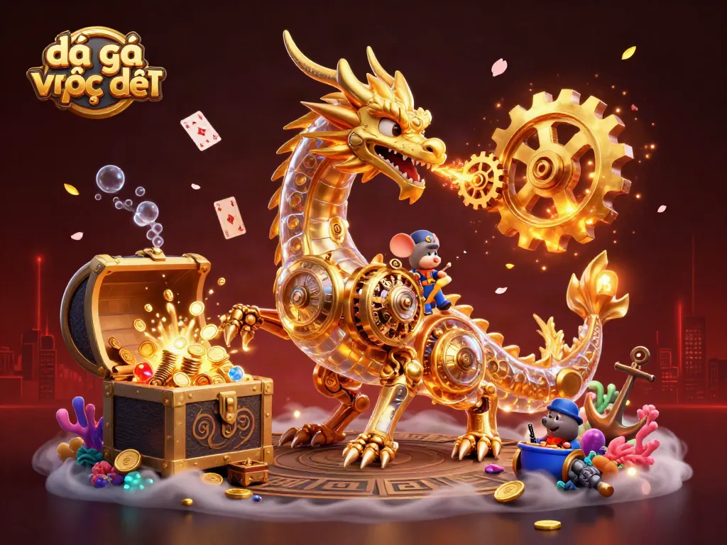 Experience the thrill of đá gà trực tiếp with a golden dragon and vibrant casino elements.
