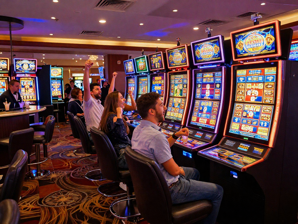 Casino-goers celebrating a slot jackpot win amid colorful machines, capturing the excitement of gaming.