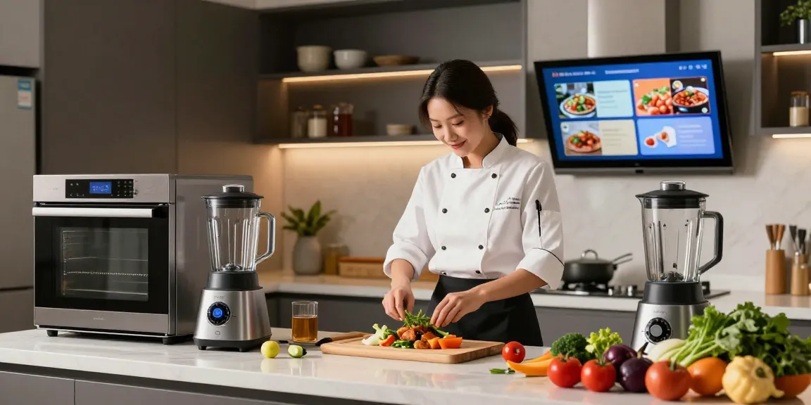 Cooking with AI cooking gadgets in a modern kitchen, showcasing high-tech appliances and vibrant ingredients.