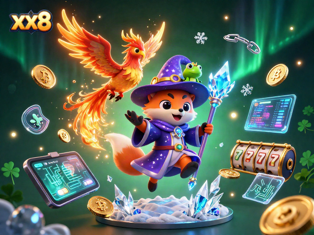 Experience the magical xx8 casino adventure with a wizard fox and phoenix amidst crypto and slot symbols.