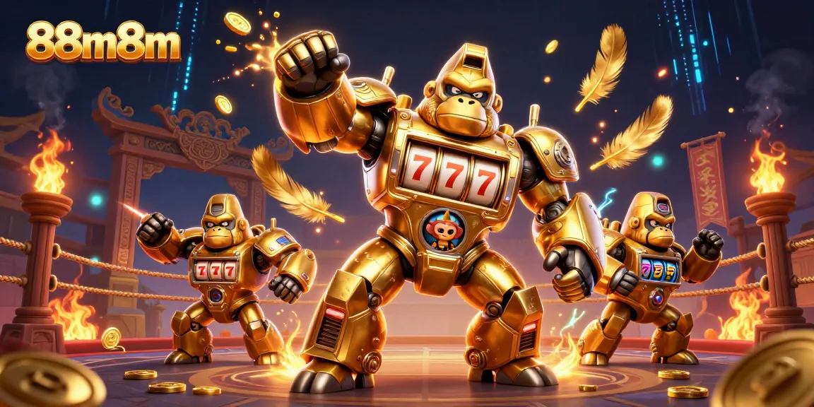 Engage in thrilling adventures at 88m8m with a golden gorilla mech exploding coins in a dynamic casino scene.