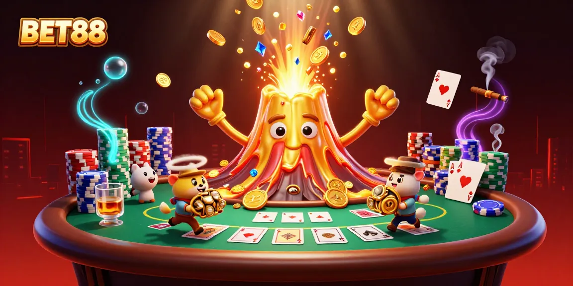 Experience thrilling victories at BET88 with a golden volcano erupting coins amid poker action.