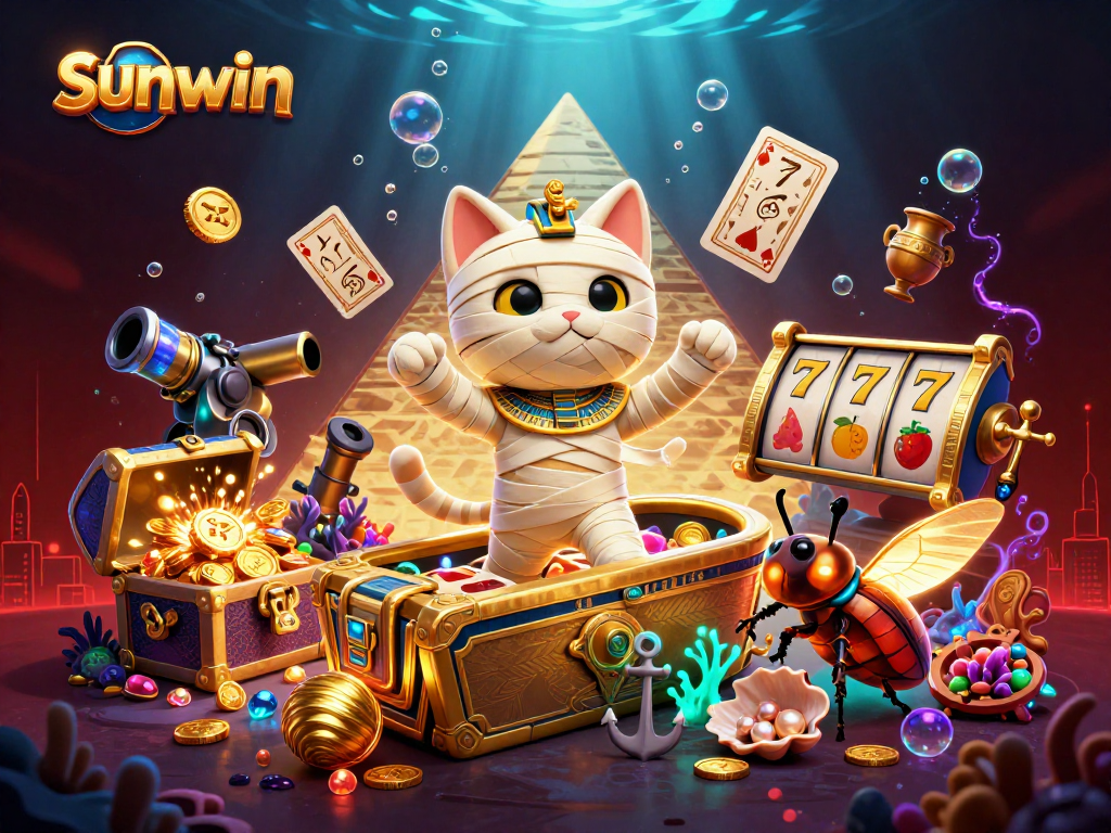 Win big with sunwin as an Egyptian mummy cat and scarab beetle bring luck and fortune in a vibrant casino scene.