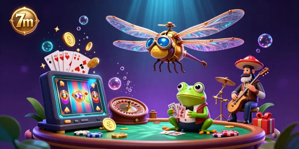 Experience thrilling gameplay with 7m in this vibrant casino scene featuring a dragonfly pilot and frog croupier.