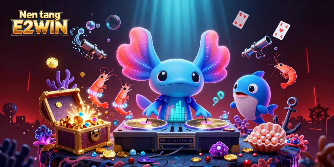 Nen tang E2WIN showcases an energetic underwater casino scene featuring a neon axolotl DJ and vibrant game elements.