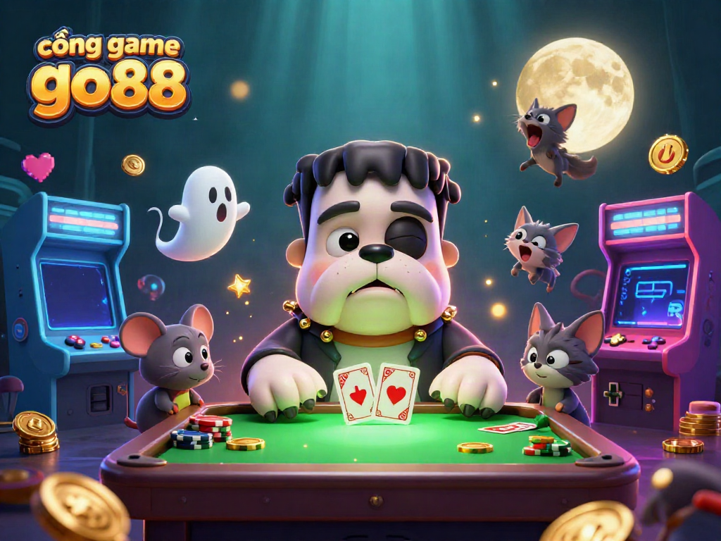 Experience cổng game go88 with a 3D cartoon scene featuring unique characters in a lively casino setting.