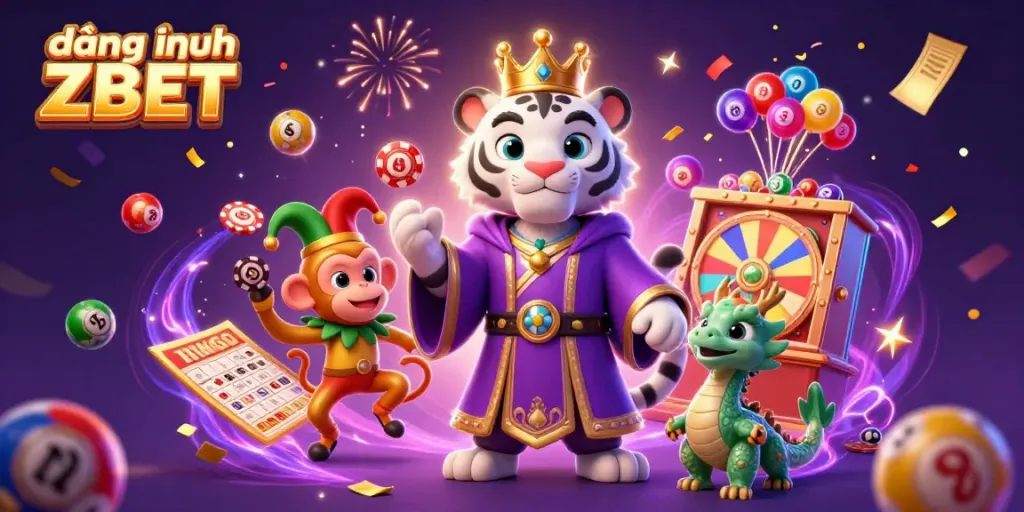 Experience the excitement of đăng nhập ZBET with a vibrant casino-themed illustration featuring colorful lottery elements and characters.