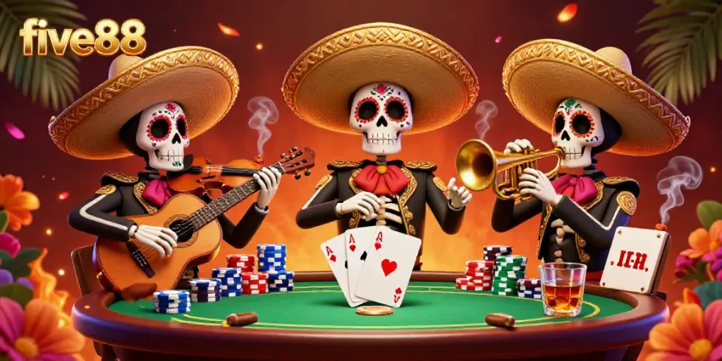 Experience exciting gaming at five88 with a vibrant 3D illustration of a mariachi band surrounded by poker elements.