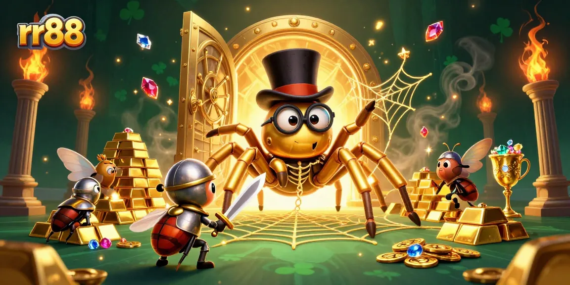 Experience thrilling moments at rr88 with a giant golden tarantula weaving luck in a bustling casino.