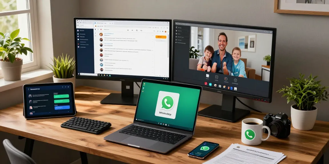 Engaging with WhatsApp電腦版 on a stylish desk, featuring dual monitors showing chats and video calls in a cozy home office.