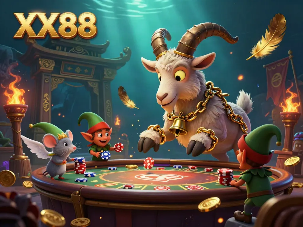 Engage with the thrilling ambiance of XX88’s festive casino scene, where playful characters and vibrant elements come to life.