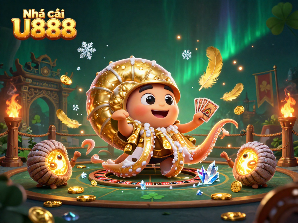 Experience thrilling gameplay at Nhà cái U888 with an exciting roulette wheel and glowing game elements in this vibrant illustration.