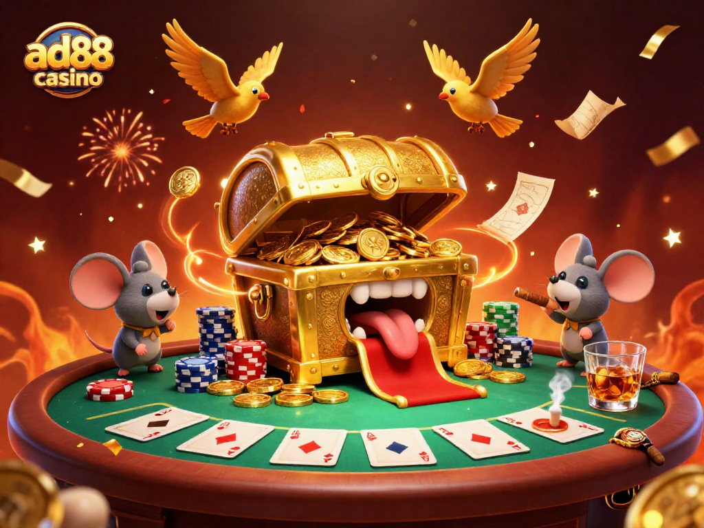 Ad88 casino showcases a dynamic 3D treasure scene with rich casino elements and colorful celebration.