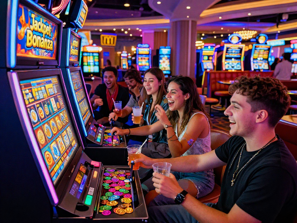 Friends celebrating a slot jackpot win in a vibrant casino atmosphere.