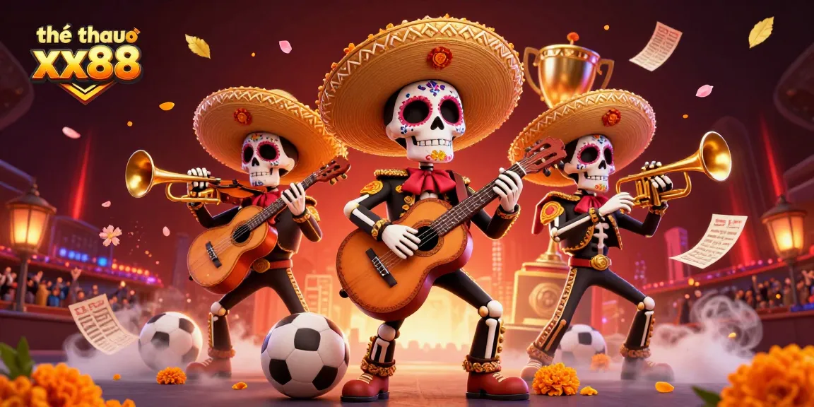 Engage in thể thao xx88 with a dynamic scene of cartoon mariachi musicians surrounded by sports and betting elements.