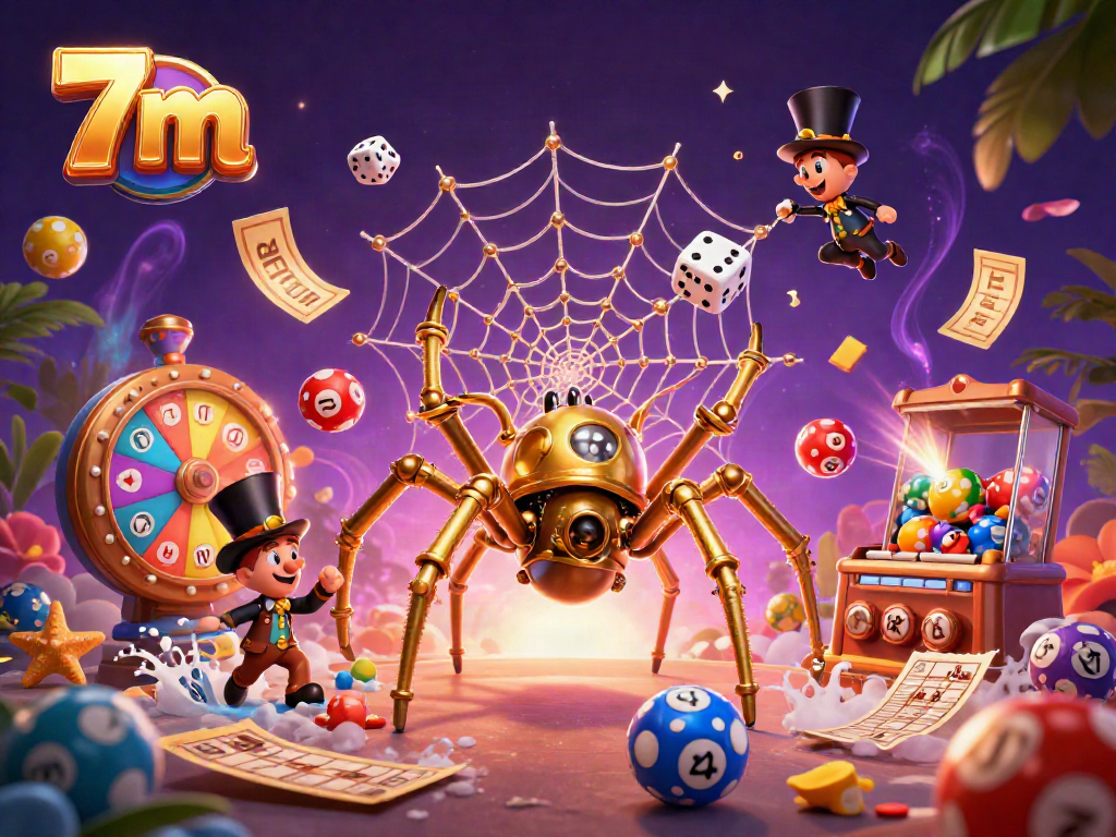 Experience the excitement of 7m gaming with dynamic lottery balls and steampunk characters in a rich casino backdrop.