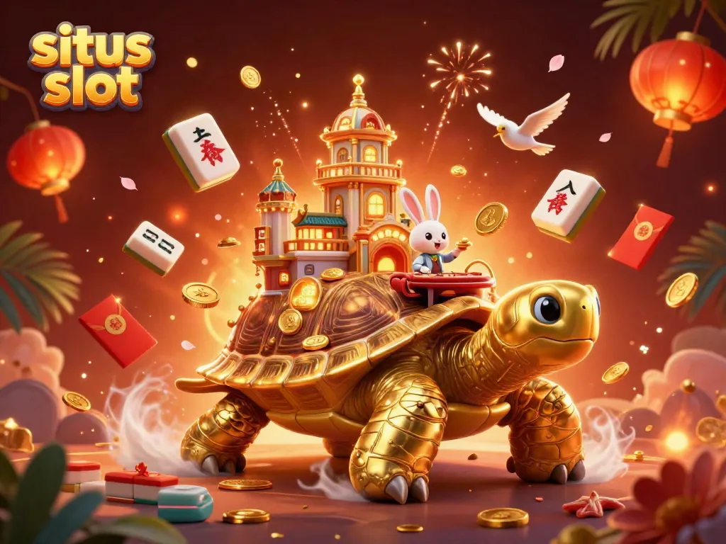 Experience the thrill on situs slot with a golden tortoise casino and its charming dealer amidst festive celebration.