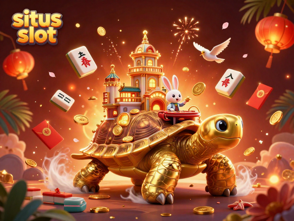 Experience the thrill on situs slot with a golden tortoise casino and its charming dealer amidst festive celebration.