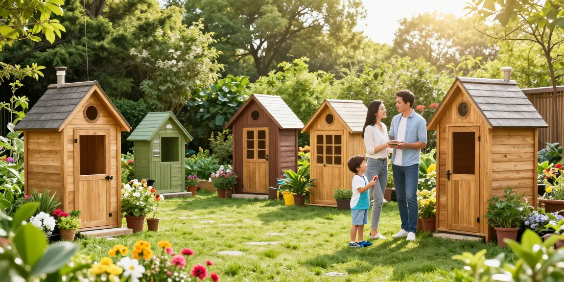 Gartenhaus kaufen: Familie bewundert stilvolles Gartenhaus in einem blühenden Garten.